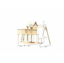 Holzspielhaus mit Schaukel und Maßangaben