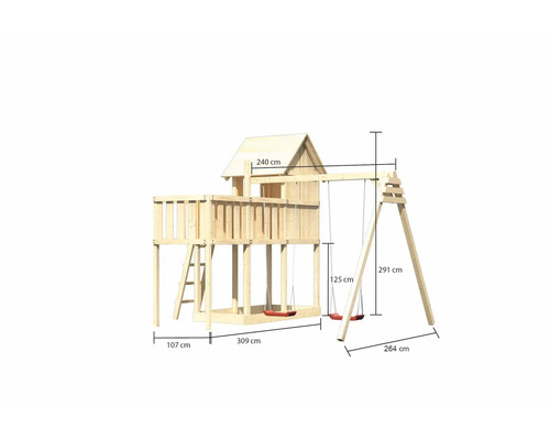 Holzspielhaus mit Schaukel und Maßangaben