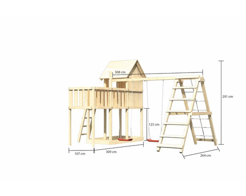 Spielturm mit Schaukel und Kletterleiter aus Holz mit Maßangaben