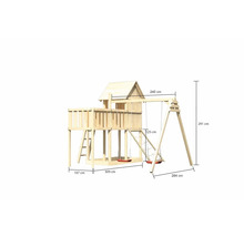 Spielturm aus Holz mit Schaukel und den Maßangaben.