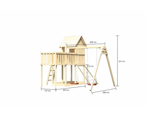Tour de jeux en bois avec balançoire et dimensions.
