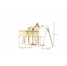 Tour de jeux en bois avec balançoire et les dimensions : 107 cm, 240 cm, 125 cm, 291 cm, 309 cm, 264 cm