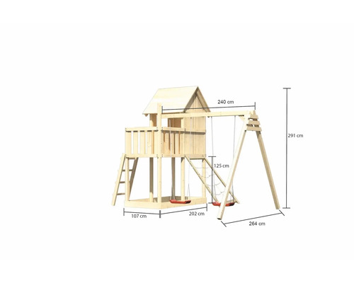 Spielturm mit Schaukel und Maßangaben.