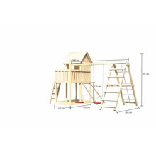 Tour de jeu en bois avec balançoire et échelle, les dimensions sont visibles