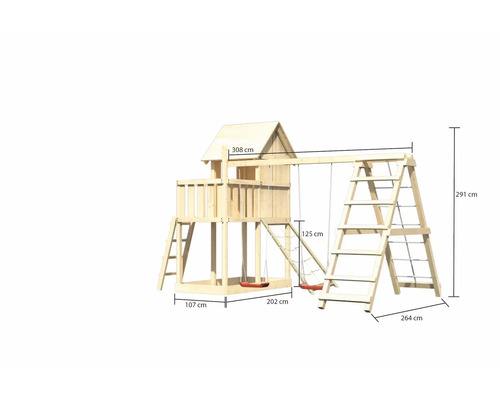 Spielturm aus Holz mit Schaukel und Leiter, Maße sind sichtbar