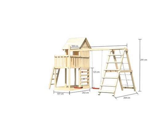 Holzspielhaus mit Schaukel und Leiter mit Maßangaben