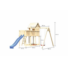 Tour de jeu en bois avec toboggan et balançoire, avec indications de dimensions