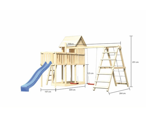 Spielturm aus Holz mit Rutsche, Leiter und Schaukel mit Maßangaben