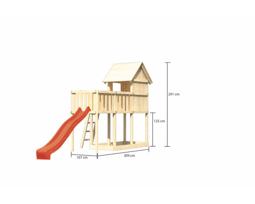 Spielturm mit Rutsche und Sandkasten aus Holz mit den Maßen 291 cm Höhe, 309 cm Breite und 107 cm Tiefe.