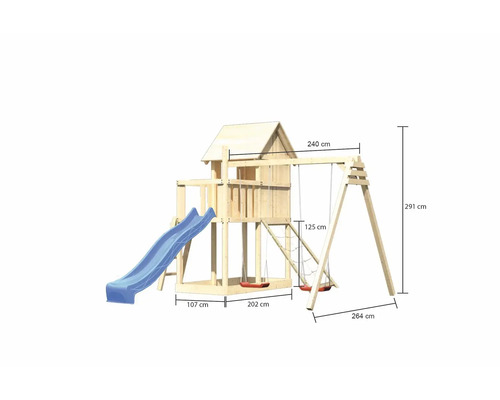 Spielturm mit Rutsche und Schaukel mit Massangaben