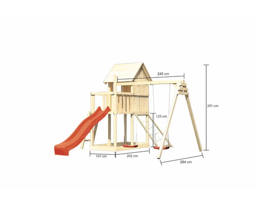 Spielturm aus Holz mit Rutsche und Schaukel mit Maßangaben