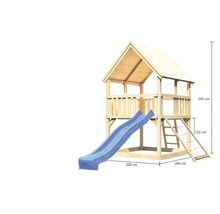 Spielturm mit Rutsche und Kletterleiter aus Holz mit Maßangaben