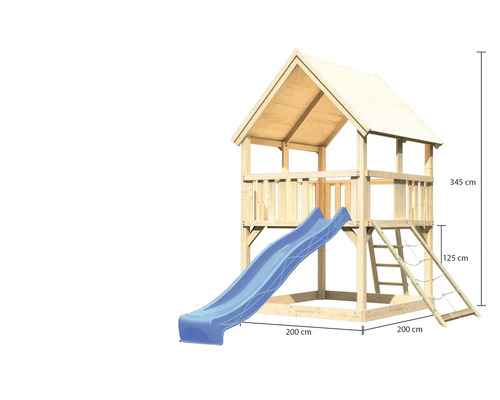 Spielturm mit Rutsche und Kletterleiter aus Holz mit Maßangaben