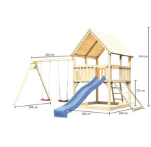 Tour de jeux en bois avec balançoire, toboggan et dimensions