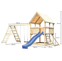 Aire de jeux avec balançoire, toboggan et cabane en bois avec dimensions