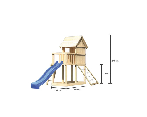 Spielturm aus Holz mit Rutsche, Leiter und den Maßen 107 cm, 202 cm, 125 cm und 291 cm