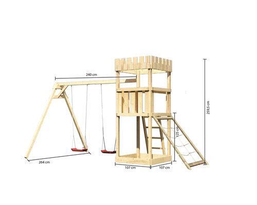 Spielturm mit Schaukel und Leiter aus Holz mit Massangaben