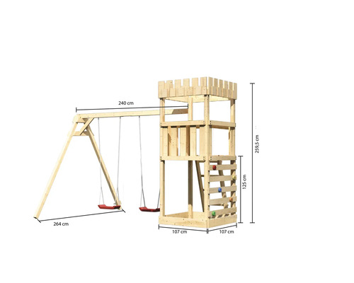 Spielturm mit Schaukel aus Holz mit Abmessungen