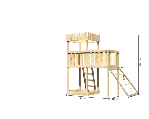 Holzspielturm mit Leiter und Kletternetz mit Massangaben