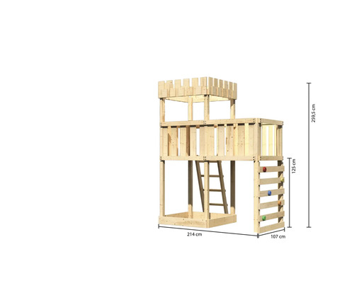 Spielturm aus Holz mit Leiter und Kletterwand, Maße: 259,5 x 214 x 107 cm