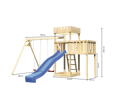 Spielturm aus Holz mit Schaukel und Rutsche mit Maßangaben
