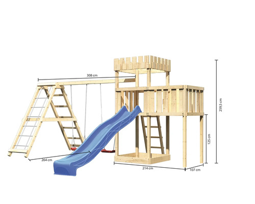 Spielturm aus Holz mit Schaukel, Rutsche und Kletterleiter mit Massangaben