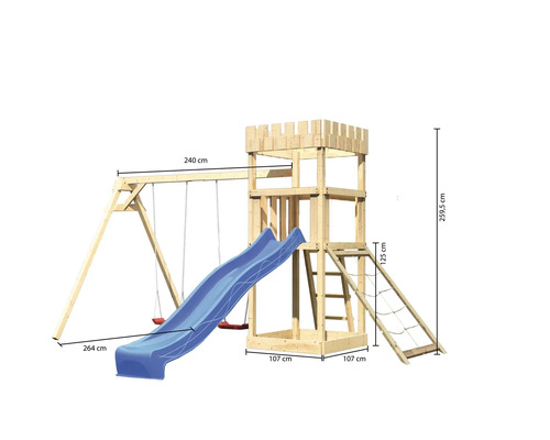 Spielturm aus Holz mit Schaukel, Rutsche, Leiter und Kletternetz