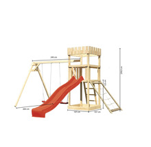Spielturm mit Schaukel, Rutsche, Leiter und Kletternetz aus Holz