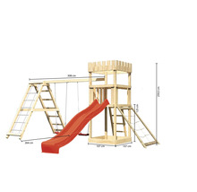 Tour de jeux en bois avec balançoire, toboggan et échelle d''escalade, dimensions 308 x 264 x 259,5 cm