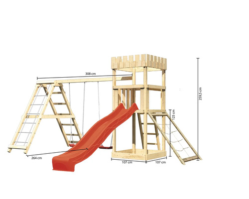 Spielturm aus Holz mit Schaukel, Rutsche und Kletterleiter mit den Maßen 308 x 264 x 259,5 cm