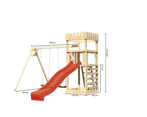 Spielturm mit Schaukel und Rutsche aus Holz mit Maßangaben