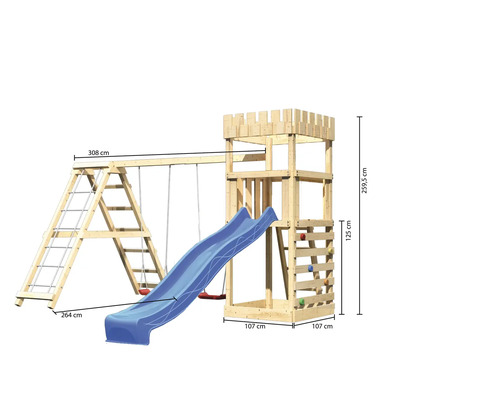 Spielturm aus Holz mit Schaukel, Rutsche und Kletterwand mit Maßangaben
