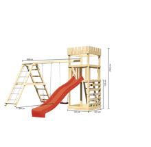 Tour de jeux en bois avec toboggan, balançoire et mur d''escalade avec dimensions