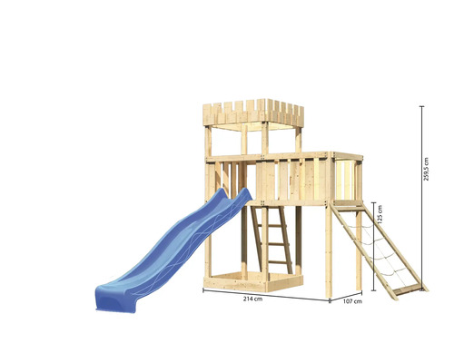 Spielturm aus Holz mit Rutsche, Leiter und Kletternetz, Abmessungen sind dargestellt