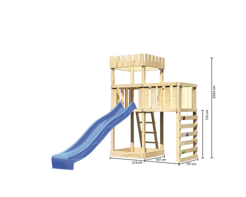 Spielturm aus Holz mit Rutsche, Leiter und Kletterwand mit Massangaben