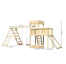 Tour de jeux en bois avec balançoire et mur d''escalade, dimensions indiquées
