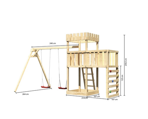 Holzspielturm mit Schaukel und Kletterwand mit Maßangaben