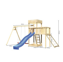 Holzspielplatz mit Schaukel, Rutsche, Kletterwand und Turm mit Abmessungen