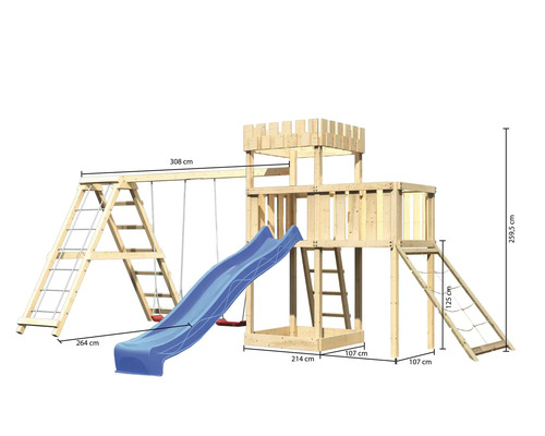 Spielturm mit Schaukel, Rutsche und Kletterwand aus Holz mit Maßangaben
