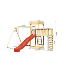 Spielturm mit Schaukel, Rutsche, Kletterwand und Leiter mit Größenangaben