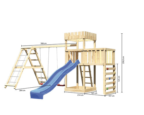 Spielplatz mit Schaukel, Rutsche, Kletterwand und Turm