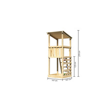 Tour de jeux en bois avec des dimensions de 270 cm de hauteur, 107 cm de largeur et 125 cm de hauteur d''escalade