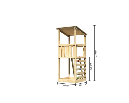 Holzspielturm mit Abmessungen 270 cm Höhe, 107 cm Breite und 125 cm Kletterhöhe