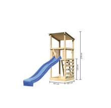 Tour de jeux en bois avec toboggan bleu et dimensions