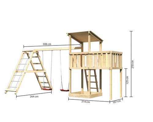 Spielturm aus Holz mit Schaukel und Klettergerüst inklusive Maßangaben