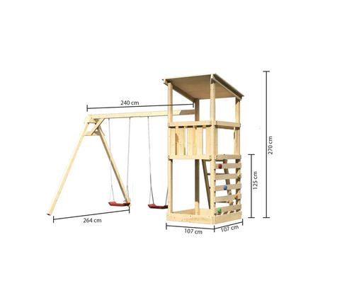 Spielturm aus Holz mit Schaukel und Kletterwand mit Massangaben