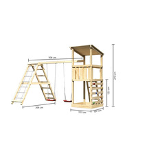 Holzspielplatz mit Schaukel, Kletterwand und Leiter mit Maßangaben