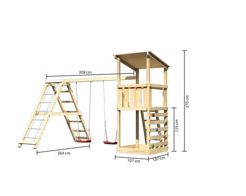 Holzspielplatz mit Schaukel, Kletterwand und Leiter mit Maßangaben