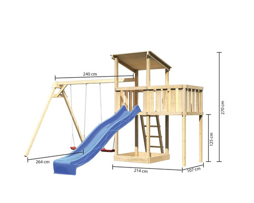 Spielturm aus Holz mit Schaukel und Rutsche, inklusive Maßangaben