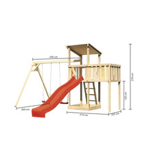 Tour de jeux en bois avec toboggan et balançoire, dimensions indiquées